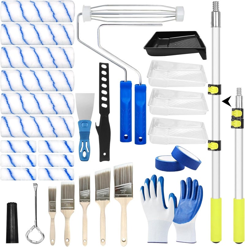 Elefama 31 PCS Paint Roller Kit with Extension Pole 2 to 4 Ft,9"4"Paint Rollers Covers Frame Tray Painters Tape Professional Long Handle Paint Brush Roller Set for Painting Walls House Corner Stain Concrete - Image 1